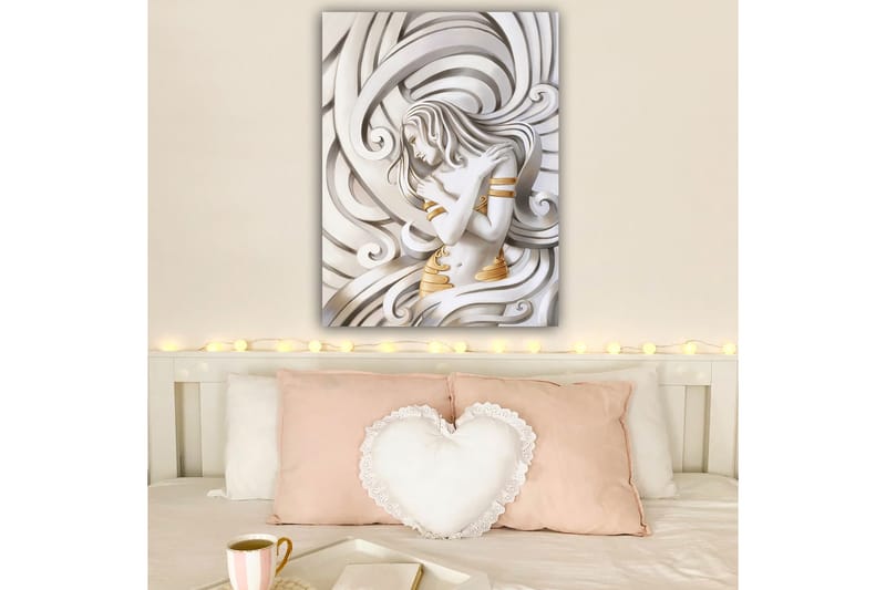 Canvastavla 70x100 cm - Stiliserad kvinna med flödande hår som omfamnar sig själv i en abstrakt komposition - Vit / Guld / Grå - Inredning - Tavlor & konst - Canvastavlor