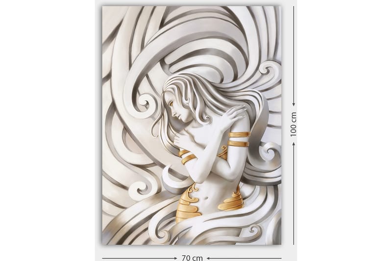 Canvastavla 70x100 cm - Stiliserad kvinna med flödande hår som omfamnar sig själv i en abstrakt komposition - Vit / Guld / Grå - Inredning - Tavlor & konst - Canvastavlor