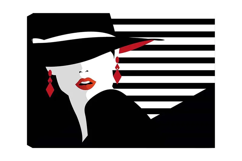 Canvastavla 70x100 cm - Stiliserad kvinna med hatt och röda detaljer som framhäver hennes ansikte och smycken - Svart / Vitt / Röd - Inredning - Tavlor & konst - Canvastavlor