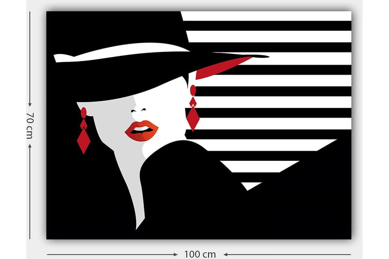 Canvastavla 70x100 cm - Stiliserad kvinna med hatt och röda detaljer som framhäver hennes ansikte och smycken - Svart / Vitt / Röd - Inredning - Tavlor & konst - Canvastavlor