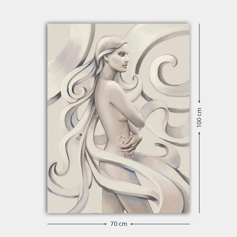Canvastavla 70x100 cm - Stiliserad kvinna med långt hår som håller en ros, omgiven av svepande linjer - Vit / Ljusgrå / Mörkgrå - Inredning - Tavlor & konst - Canvastavlor