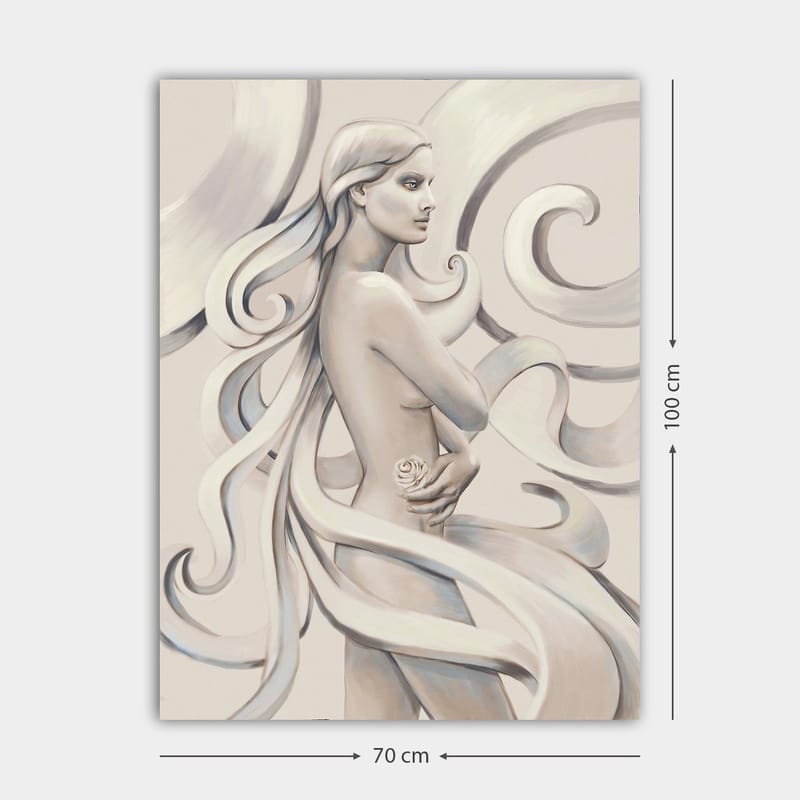 Canvastavla 70x100 cm - Stiliserad kvinna med långt hår som håller en ros, omgiven av svepande linjer - Vit / Ljusgrå / Mörkgrå - Inredning - Tavlor & konst - Canvastavlor