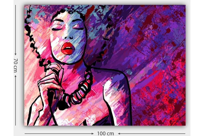 Canvastavla 70x100 cm - Stiliserad kvinna med lockigt hår som sjunger med stängda ögon - Lila / Rosa / Röd - Inredning - Tavlor & konst - Canvastavlor
