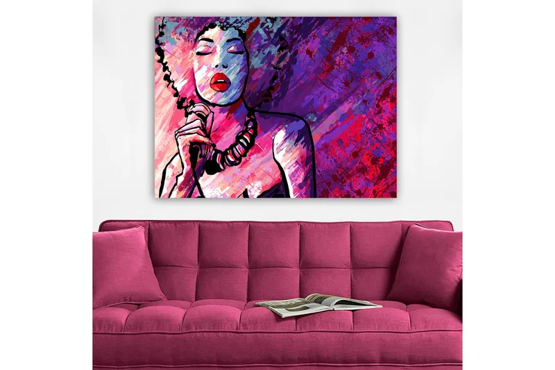 Canvastavla 70x100 cm - Stiliserad kvinna med lockigt hår som sjunger med stängda ögon - Lila / Rosa / Röd - Inredning - Tavlor & konst - Canvastavlor