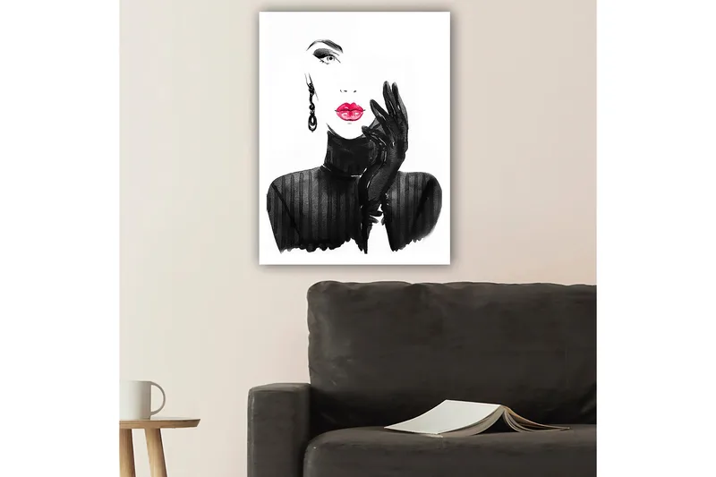 Canvastavla 70x100 cm - Stiliserad kvinna med röd läppstift och svarta handskar - Svart / Röd - Inredning - Tavlor & konst - Canvastavlor
