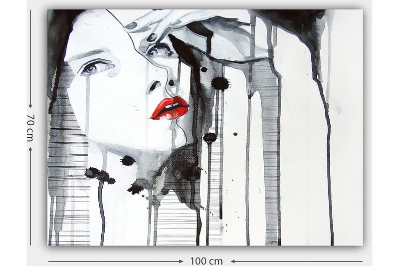 Canvastavla 70x100 cm - Stiliserad kvinna med röd läppstift som framhäver hennes ansikte i en dramatisk svart och vit komposition - Röd / Svart / Vit - Inredning - Tavlor & konst - Canvastavlor