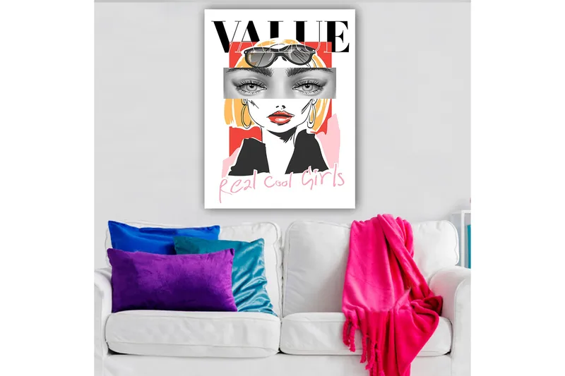 Canvastavla 70x100 cm - Stiliserad kvinna med solglasögon och en modern, färgglad bakgrund - Rosa / Svart / Gul - Inredning - Tavlor & konst - Canvastavlor