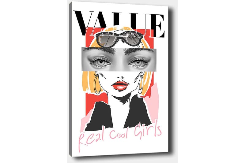 Canvastavla 70x100 cm - Stiliserad kvinna med solglasögon och en modern, färgglad bakgrund - Rosa / Svart / Gul - Inredning - Tavlor & konst - Canvastavlor