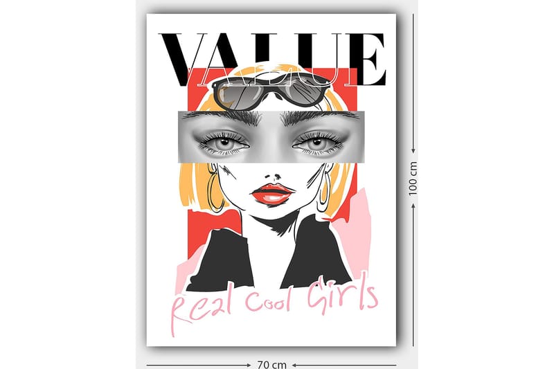 Canvastavla 70x100 cm - Stiliserad kvinna med solglasögon och en modern, färgglad bakgrund - Rosa / Svart / Gul - Inredning - Tavlor & konst - Canvastavlor