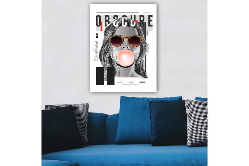 Canvastavla 70x100 cm - Stiliserad kvinna med solglasögon som blåser en tuggummiboll - Svart / Grå / Röd - Inredning - Tavlor & konst - Canvastavlor