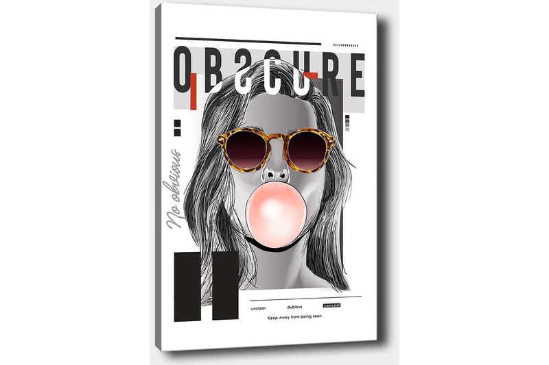 Canvastavla 70x100 cm - Stiliserad kvinna med solglasögon som blåser en tuggummiboll - Svart / Grå / Röd - Inredning - Tavlor & konst - Canvastavlor