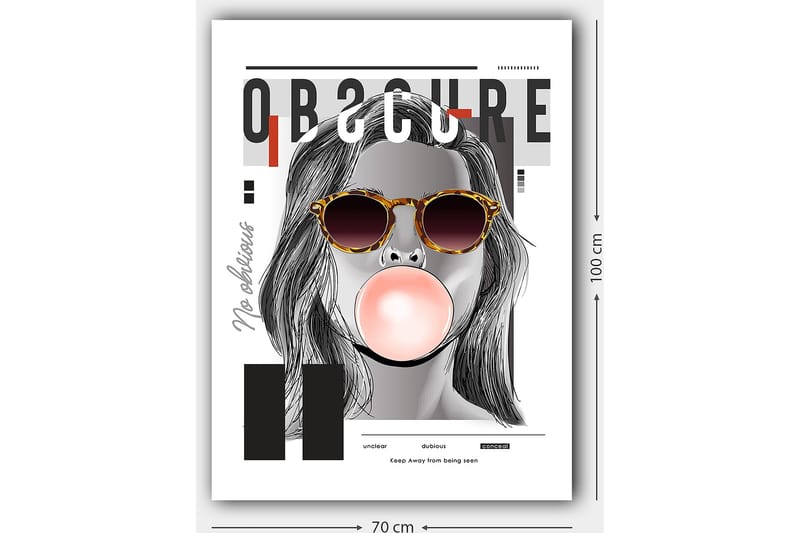 Canvastavla 70x100 cm - Stiliserad kvinna med solglasögon som blåser en tuggummiboll - Svart / Grå / Röd - Inredning - Tavlor & konst - Canvastavlor