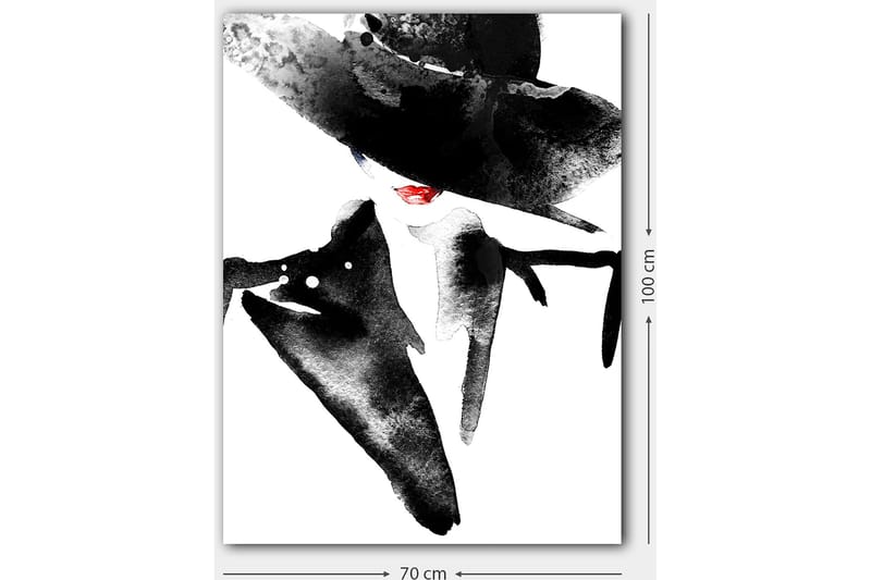 Canvastavla 70x100 cm - Stiliserad kvinna med stor hatt och röd läppstift som utstrålar elegans och mystik - Svart / Röd - Inredning - Tavlor & konst - Canvastavlor