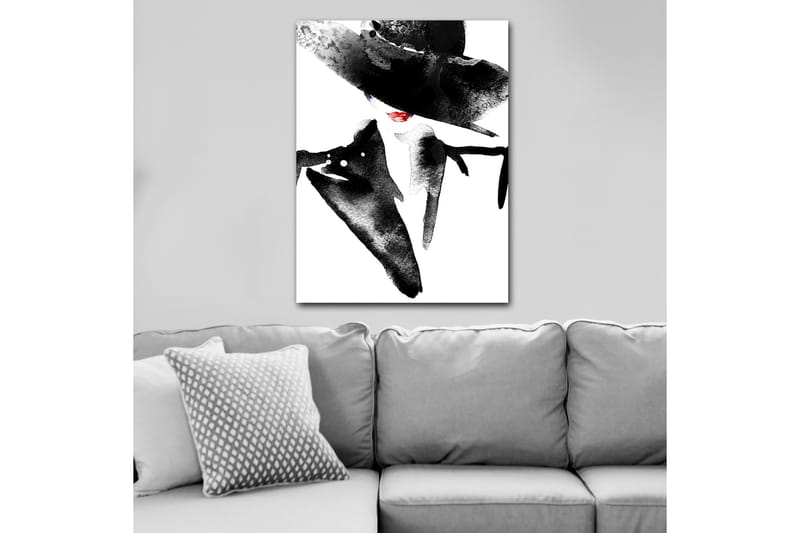 Canvastavla 70x100 cm - Stiliserad kvinna med stor hatt och röd läppstift som utstrålar elegans och mystik - Svart / Röd - Inredning - Tavlor & konst - Canvastavlor