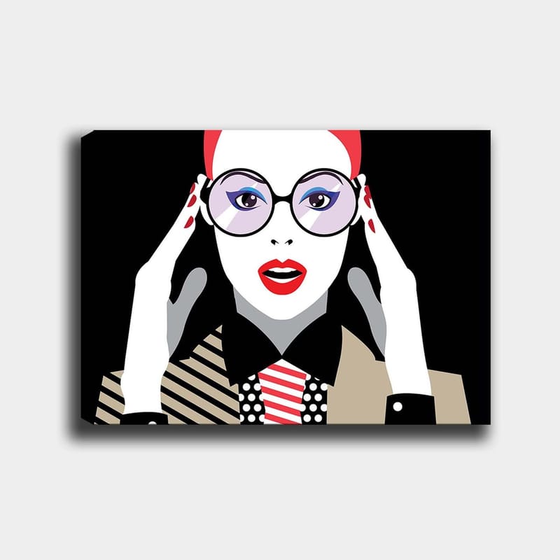 Canvastavla 70x100 cm - Stiliserad kvinna med stora glasögon som uttrycker förvåning eller chock, Röd / Svart / Vit