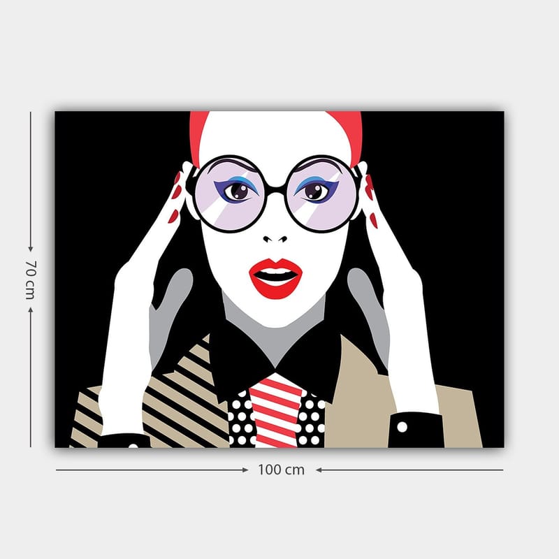 Canvastavla 70x100 cm - Stiliserad kvinna med stora glasögon som uttrycker förvåning eller chock - Röd / Svart / Vit - Inredning - Tavlor & konst - Canvastavlor