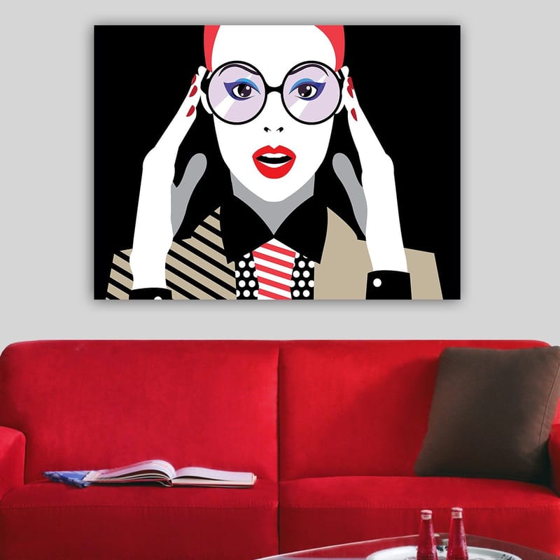 Canvastavla 70x100 cm - Stiliserad kvinna med stora glasögon som uttrycker förvåning eller chock - Röd / Svart / Vit - Inredning - Tavlor & konst - Canvastavlor