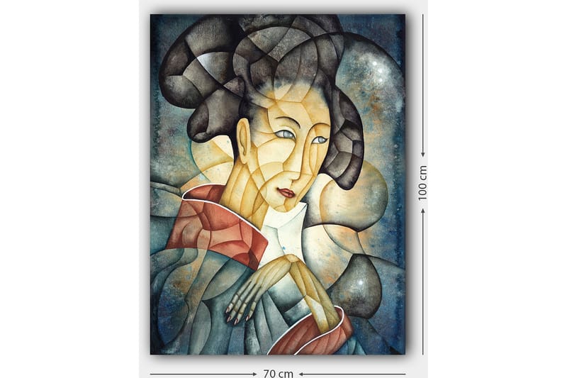 Canvastavla 70x100 cm - Stiliserad kvinna med traditionella kläder och en eftertänksam pose - Mörkblå / Beige / Röd - Inredning - Tavlor & konst - Canvastavlor