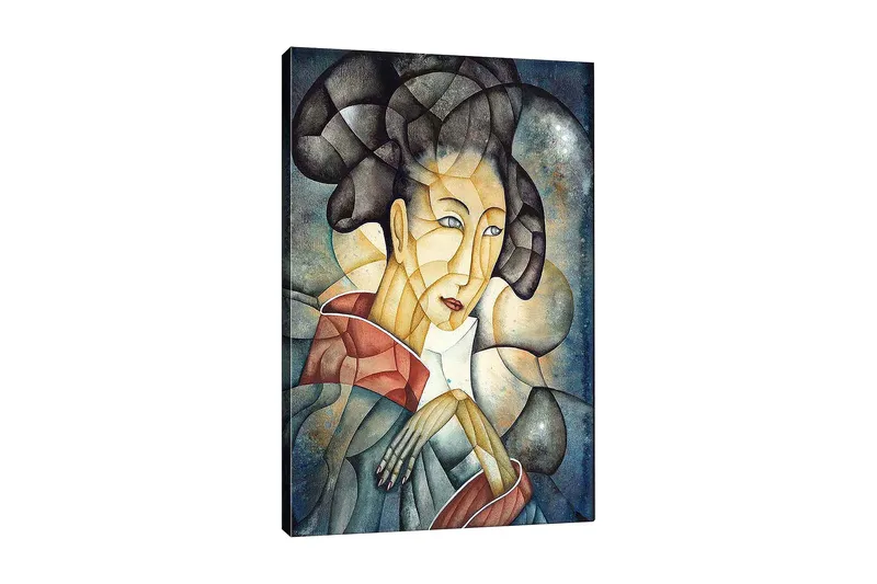 Canvastavla 70x100 cm - Stiliserad kvinna med traditionella kläder och en eftertänksam pose, Mörkblå / Beige / Röd