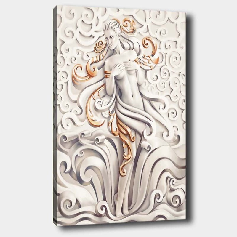 Canvastavla 70x100 cm - Stiliserad kvinna omgiven av svängande mönster och ornamentik, Vit / Beige / Guld