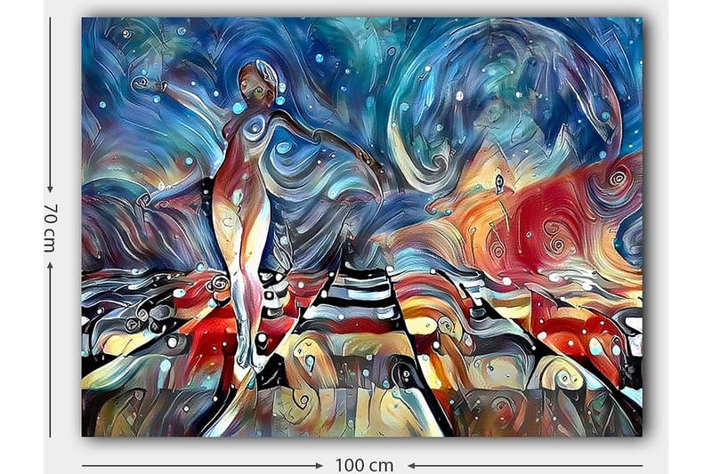 Canvastavla 70x100 cm - Stiliserad kvinna som dansar på en färgglad väg med svängande former och mönster - Blå / Röd / Vit - Inredning - Tavlor & konst - Canvastavlor