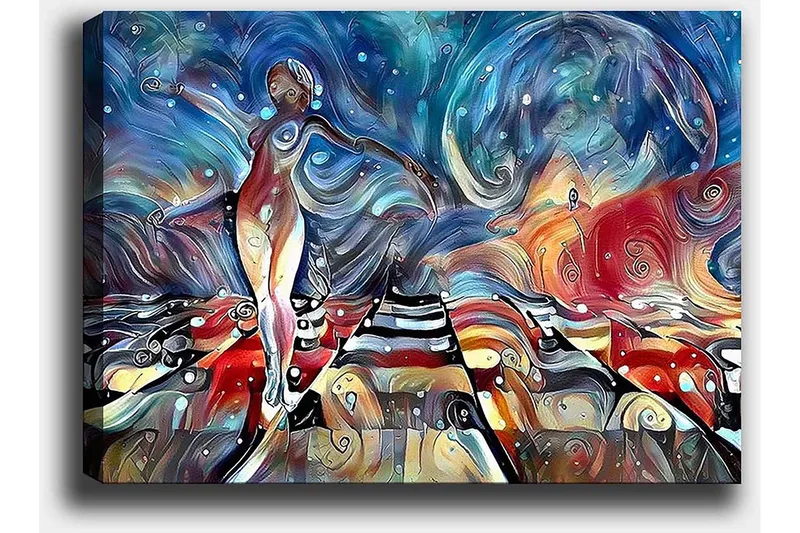 Canvastavla 70x100 cm - Stiliserad kvinna som dansar på en färgglad väg med svängande former och mönster - Blå / Röd / Vit - Inredning - Tavlor & konst - Canvastavlor