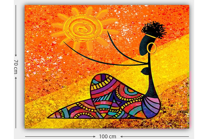 Canvastavla 70x100 cm - Stiliserad kvinna som håller en sol i handen, omgiven av färgglada mönster - Orange / Svart / Lila - Inredning - Tavlor & konst - Canvastavlor