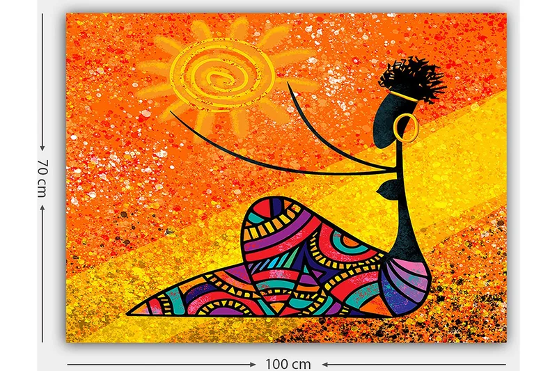 Canvastavla 70x100 cm - Stiliserad kvinna som håller en sol i handen, omgiven av färgglada mönster - Orange / Svart / Lila - Inredning - Tavlor & konst - Canvastavlor
