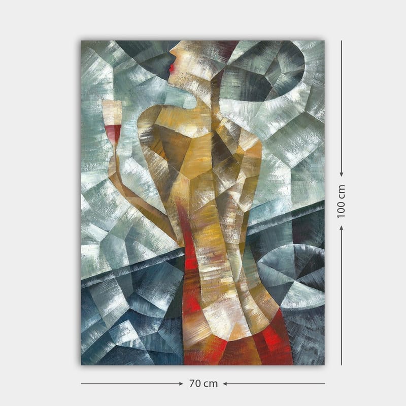 Canvastavla 70x100 cm - Stiliserad kvinna som håller ett glas, omgiven av geometriska former och färger - Röd / Beige / Grå - Inredning - Tavlor & konst - Canvastavlor