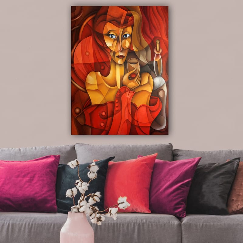 Canvastavla 70x100 cm - Stiliserad kvinna som håller ett glas, omgiven av varma röda och orangea toner - Röd / Orange / Beige - Inredning - Tavlor & konst - Canvastavlor
