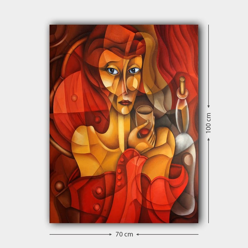 Canvastavla 70x100 cm - Stiliserad kvinna som håller ett glas, omgiven av varma röda och orangea toner - Röd / Orange / Beige - Inredning - Tavlor & konst - Canvastavlor
