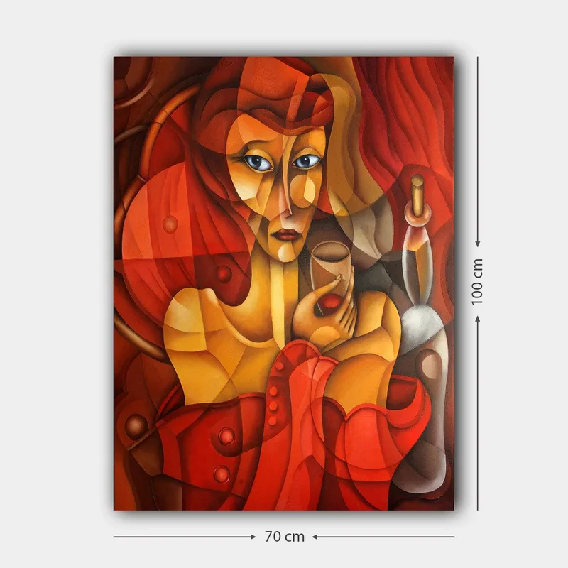 Canvastavla 70x100 cm - Stiliserad kvinna som håller ett glas, omgiven av varma röda och orangea toner - Röd / Orange / Beige - Inredning - Tavlor & konst - Canvastavlor