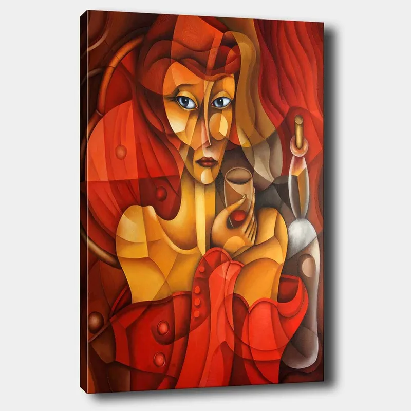 Canvastavla 70x100 cm - Stiliserad kvinna som håller ett glas, omgiven av varma röda och orangea toner, Röd / Orange / Beige