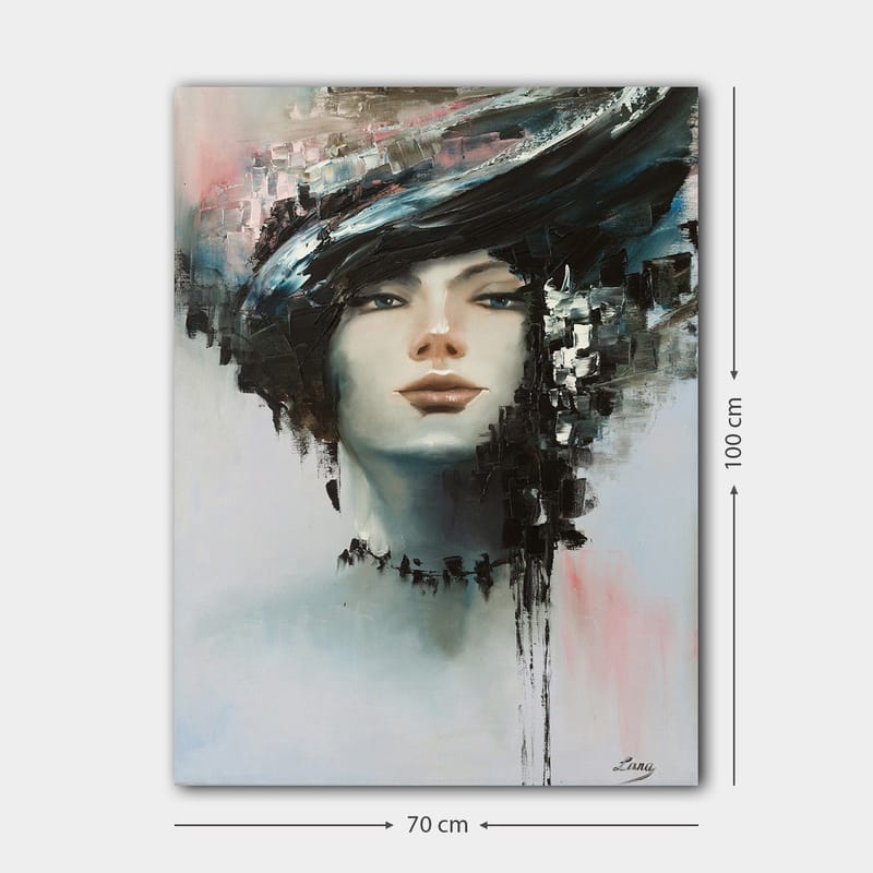 Canvastavla 70x100 cm - Stiliserad kvinnoansikte med en dramatisk frisyr i svart och grått - Svart / Grå / Beige - Inredning - Tavlor & konst - Canvastavlor