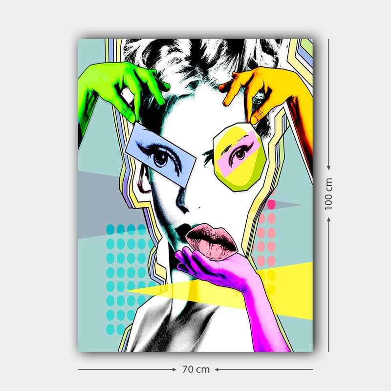 Canvastavla 70x100 cm - Stiliserad kvinnoansikte med färgglada händer som interagerar med ansiktet - Grön / Rosa / Gul - Inredning - Tavlor & konst - Canvastavlor