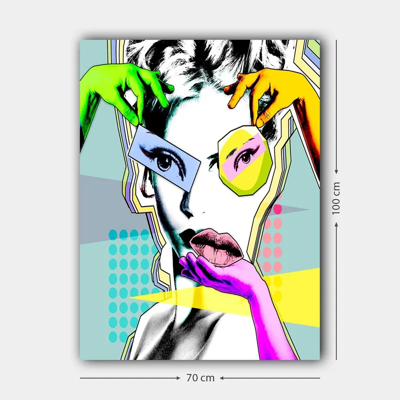 Canvastavla 70x100 cm - Stiliserad kvinnoansikte med färgglada händer som interagerar med ansiktet - Grön / Rosa / Gul - Inredning - Tavlor & konst - Canvastavlor