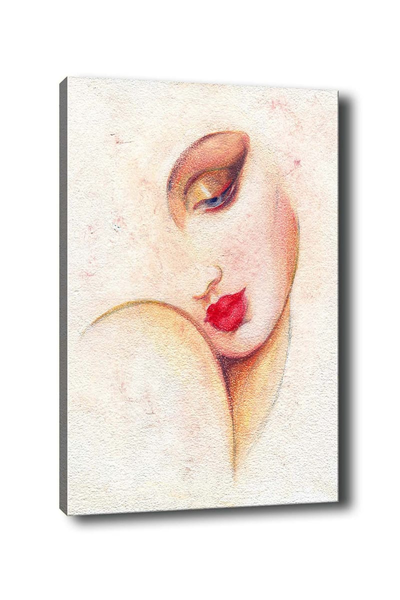 Canvastavla 70x100 cm - Stiliserad kvinnoansikte med framträdande läppar och ögon - Röd / Beige / Brun - Inredning - Tavlor & konst - Canvastavlor