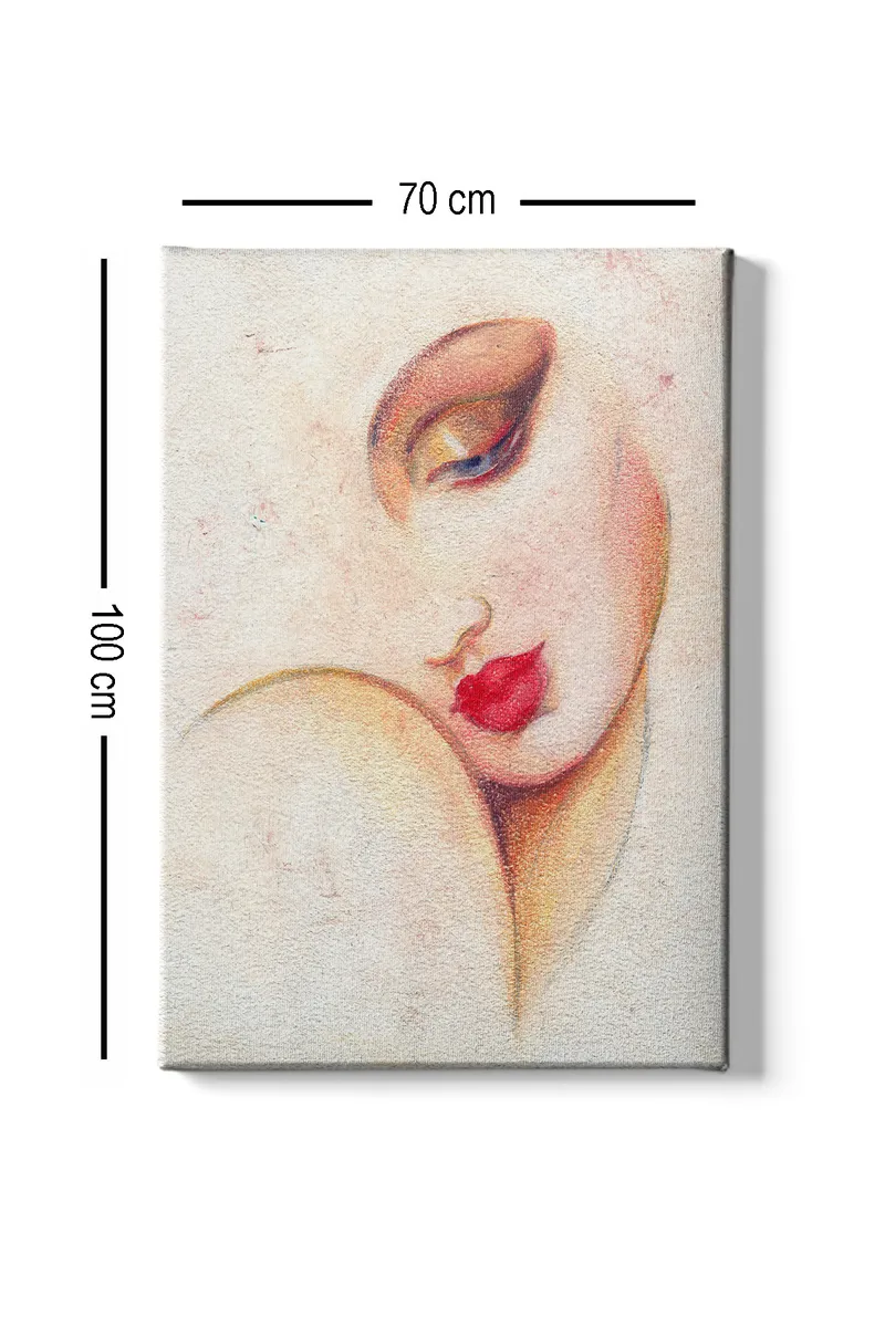 Canvastavla 70x100 cm - Stiliserad kvinnoansikte med framträdande läppar och ögon - Röd / Beige / Brun - Inredning - Tavlor & konst - Canvastavlor