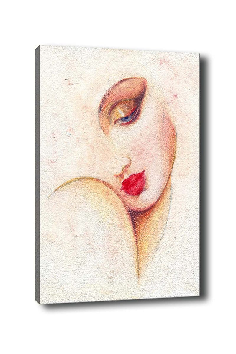 Canvastavla 70x100 cm - Stiliserad kvinnoansikte med framträdande läppar och ögon, Röd / Beige / Brun