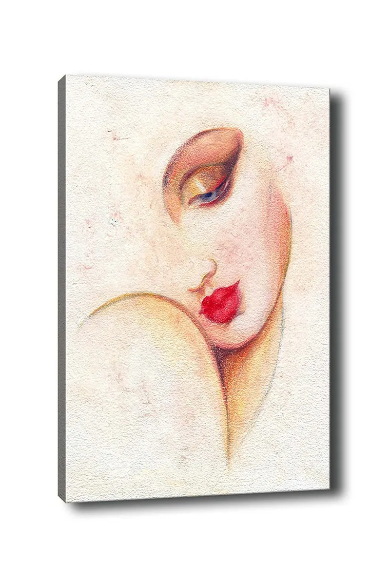 Canvastavla 70x100 cm - Stiliserad kvinnoansikte med framträdande läppar och ögon, Röd / Beige / Brun
