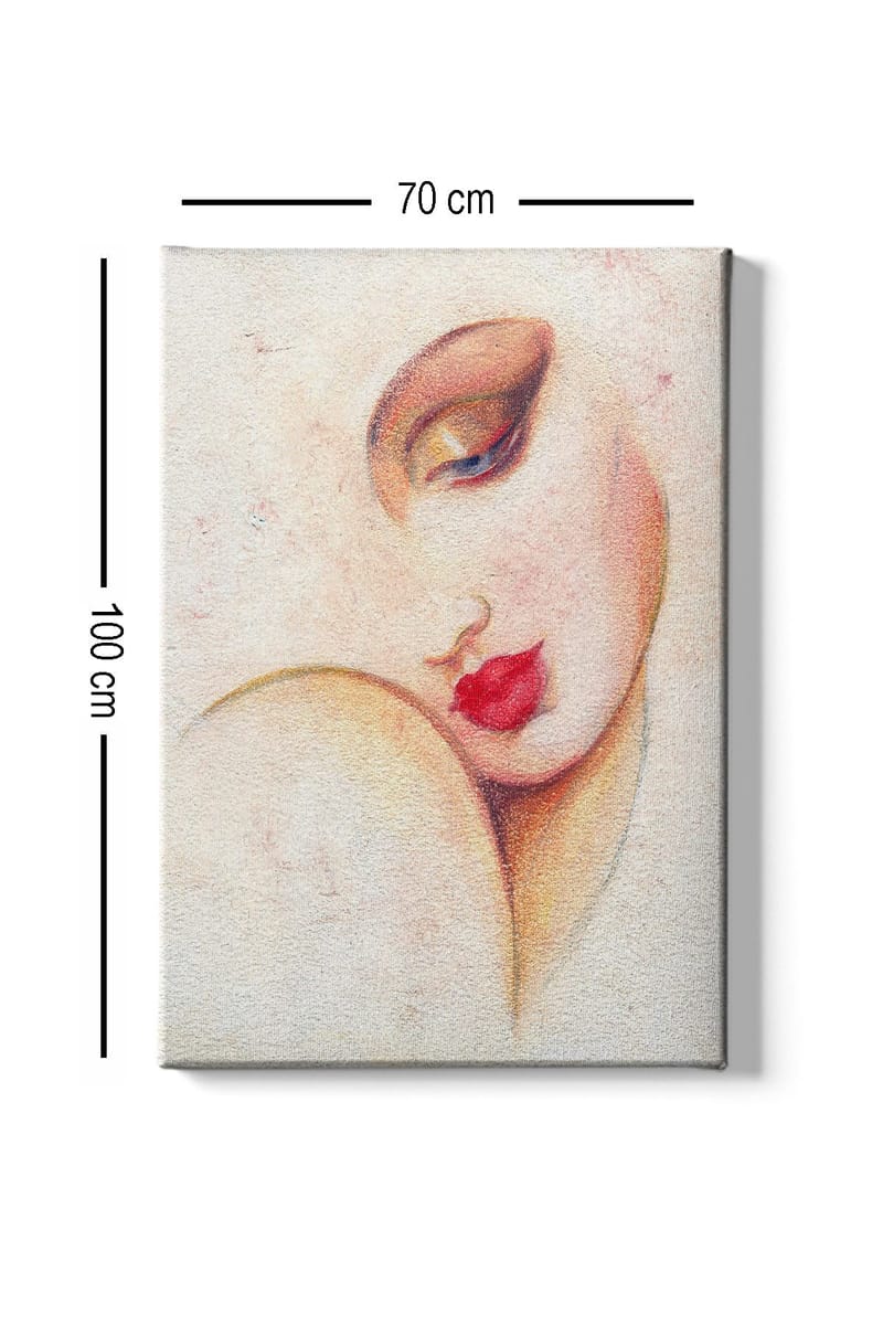 Canvastavla 70x100 cm - Stiliserad kvinnoansikte med framträdande läppar och ögon - Röd / Beige / Brun - Inredning - Tavlor & konst - Canvastavlor