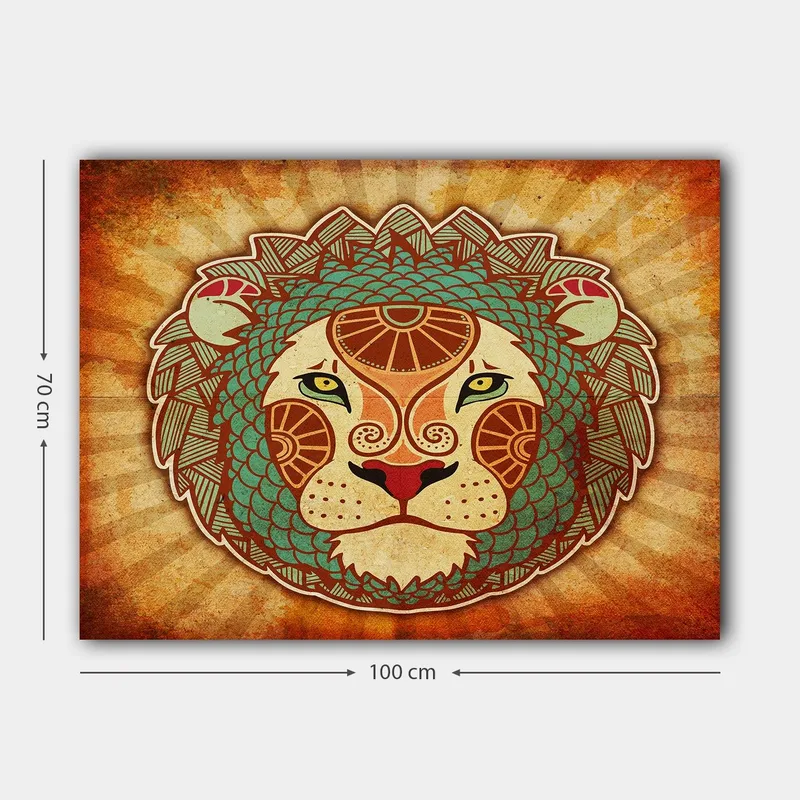 Canvastavla 70x100 cm - Stiliserad lejonhuvud med ornamentala detaljer - Orange / Grön / Beige - Inredning - Tavlor & konst - Canvastavlor