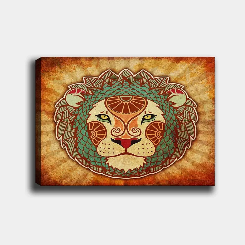Canvastavla 70x100 cm - Stiliserad lejonhuvud med ornamentala detaljer - Orange / Grön / Beige - Inredning - Tavlor & konst - Canvastavlor