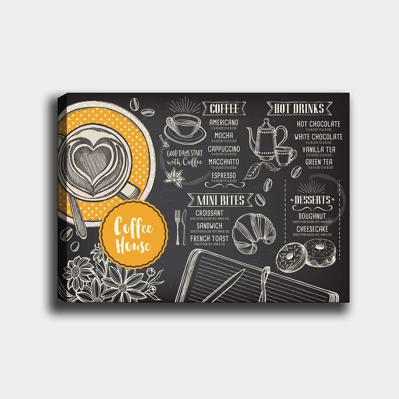 Canvastavla 70x100 cm - Stiliserad meny för ett kafé med en kopp kaffe och bakverk - Svart / Orange / Vit - Inredning - Tavlor & konst - Canvastavlor