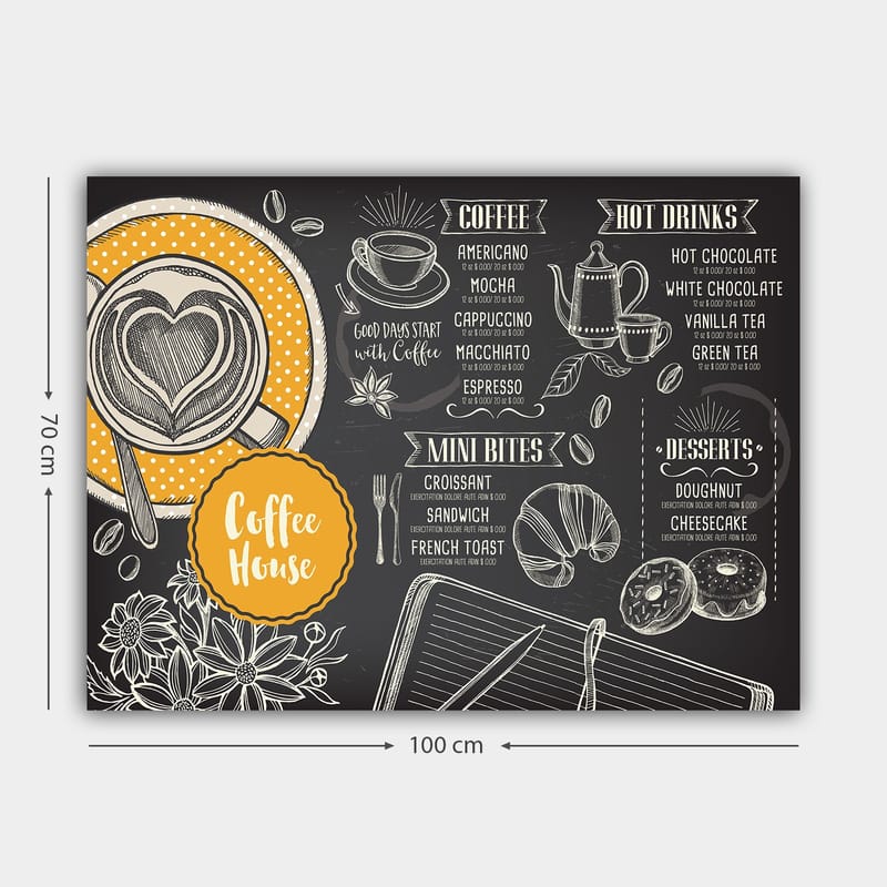 Canvastavla 70x100 cm - Stiliserad meny för ett kafé med en kopp kaffe och bakverk - Svart / Orange / Vit - Inredning - Tavlor & konst - Canvastavlor