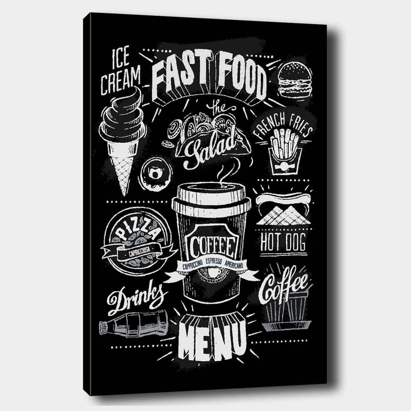 Canvastavla 70x100 cm - Stiliserad meny med olika snabbmatsrätter och drycker i svartvitt - Svart / Vitt / Grått - Inredning - Tavlor & konst - Canvastavlor