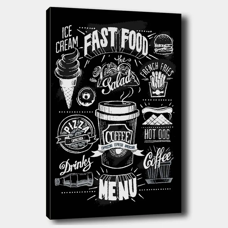Canvastavla 70x100 cm - Stiliserad meny med olika snabbmatsrätter och drycker i svartvitt, Svart / Vitt / Grått