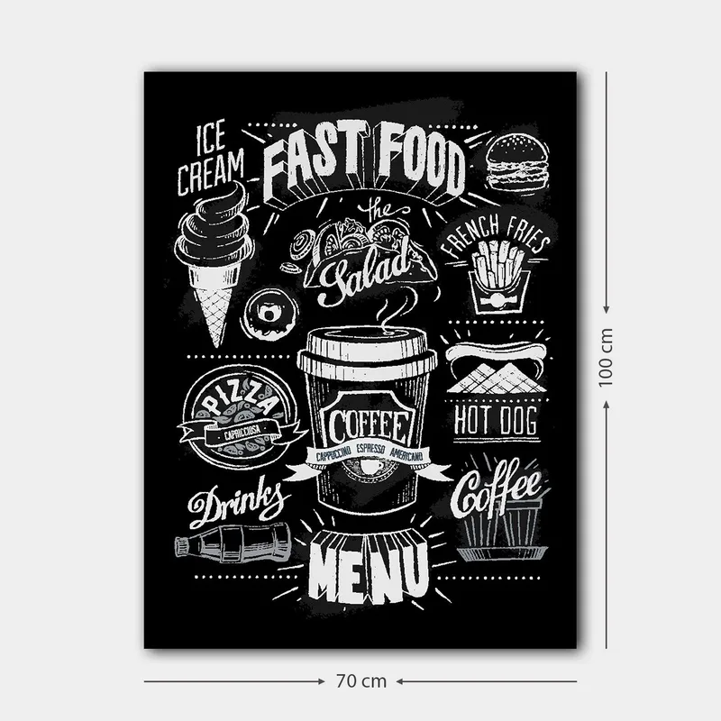 Canvastavla 70x100 cm - Stiliserad meny med olika snabbmatsrätter och drycker i svartvitt - Svart / Vitt / Grått - Inredning - Tavlor & konst - Canvastavlor