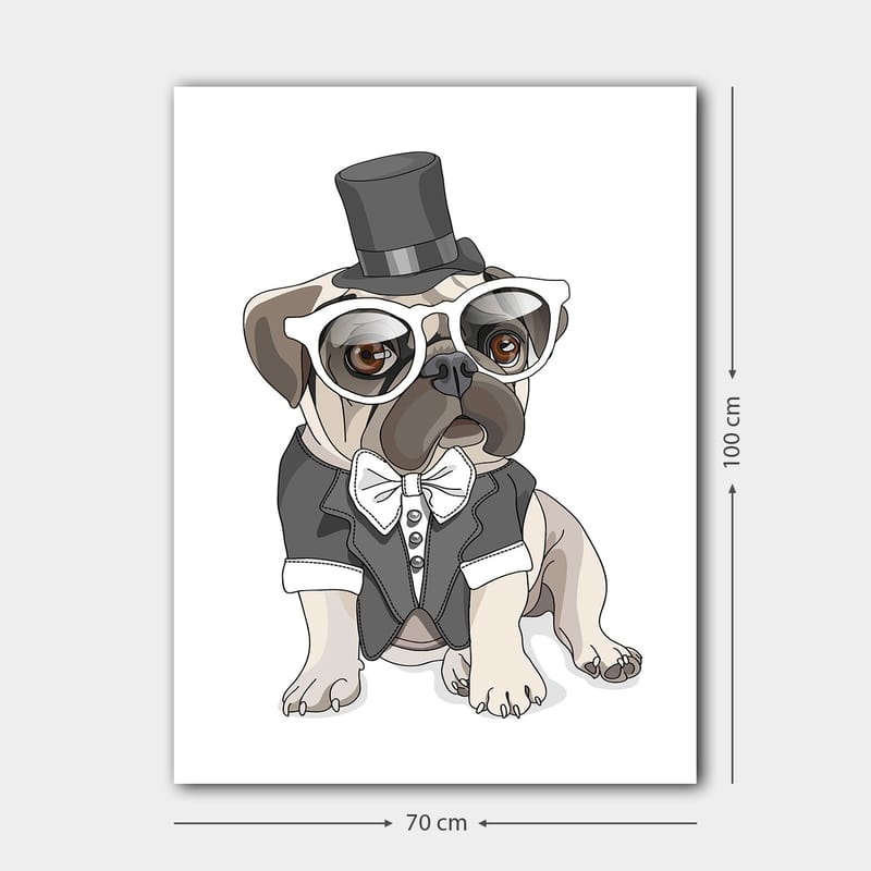 Canvastavla 70x100 cm - Stiliserad mops klädd i frack och hatt med stora glasögon - Beige / Svart / Vitt - Inredning - Tavlor & konst - Canvastavlor