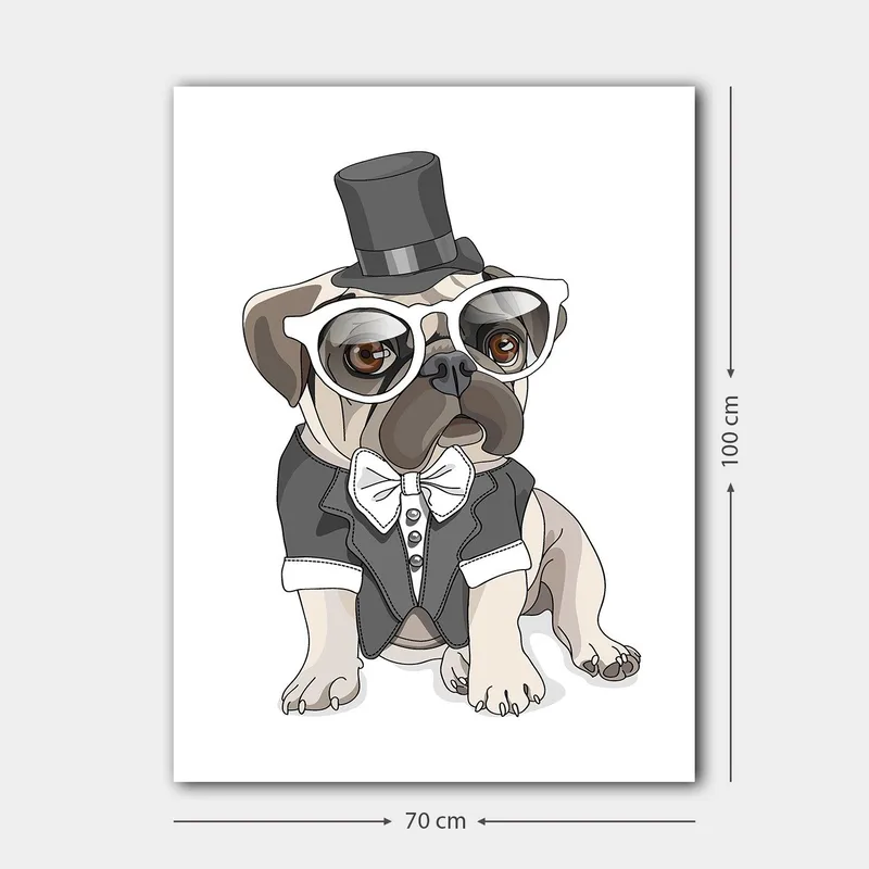Canvastavla 70x100 cm - Stiliserad mops klädd i frack och hatt med stora glasögon - Beige / Svart / Vitt - Inredning - Tavlor & konst - Canvastavlor